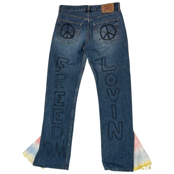 Vintage Levi’s 501 Bell Bottom Jeans 32x34 Peace Love Freedom Tie Dye - Picture 3 of 12